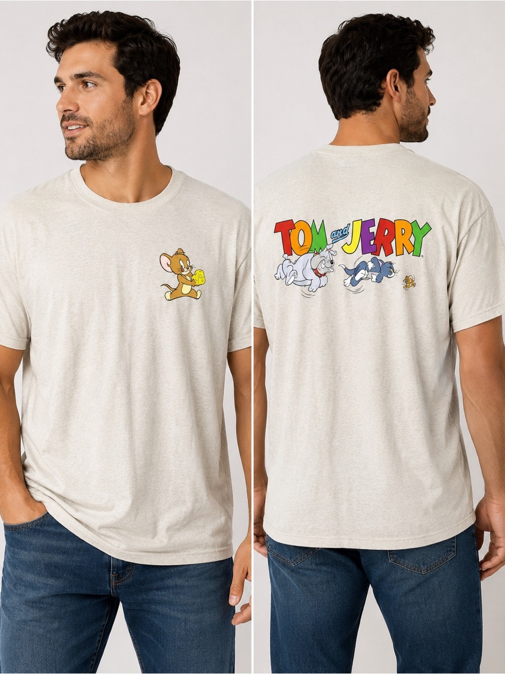 WARNER BROS TOM AND JERRY Mens XL NWT Beige Short Sleeve T-Shirt Cat and Mouse